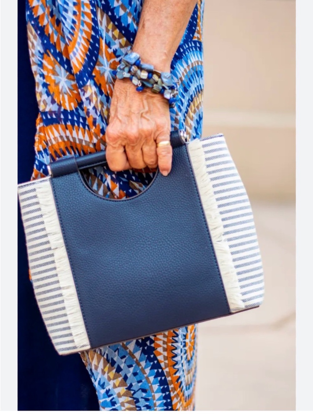 Kelly & Katie Navy and Cream Striped Mini Tote with Top Handle